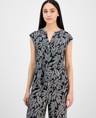 AK Anne Klein - Women's Leaf-Print Dolman-Sleeve Top