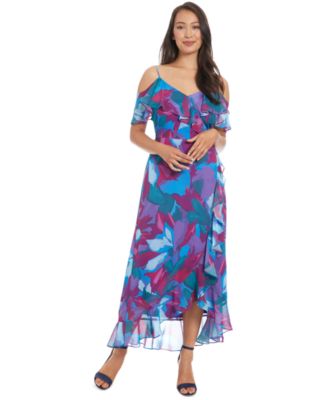 London Times - Petite Printed Cold-Shoulder Ruffle Chiffon Dress