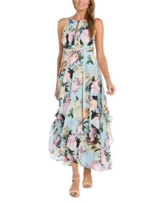 R & M Richards - Petite Printed Halter-Neck Ruffled Sleeveless Gown