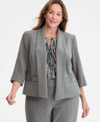 Kasper - Plus Size Shawl-Collar Cuffed 3/4-Sleeve Jacket