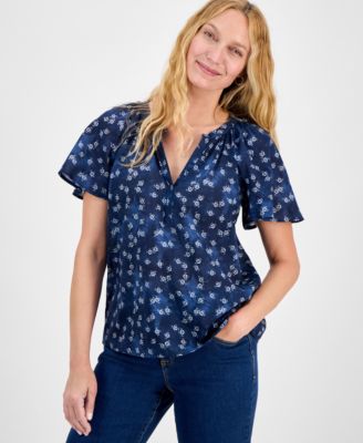 Style & Co - Women's Printed Flutter-Sleeve Cotton Top