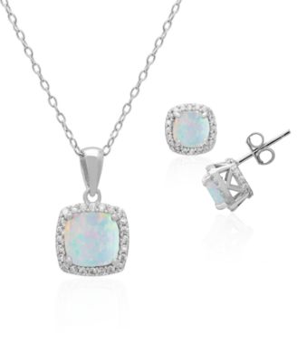 Macy's - 2-Piece Set Lab Grown White Opal (2 ct. t.w.) Cushion Halo Pendant Necklace with Matching Earrings in Sterling Silver (also in Sapphire)
