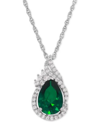 Macy's - Lab-Grown Emerald (1-3/4 ct. t.w.) and White Sapphire (1/4 ct. t.w.) Teardrop Pendant Necklace in Sterling Silver
