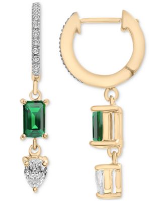 Macy's - Lab-Grown Emerald (1/2 ct. t.w.), Lab-Grown White Sapphire (7/8 ct. t.w.) & Diamond (1/20 ct. t.w.) Dangle Huggie Hoop Earrings in 14k Gold-Plated Sterling Silver