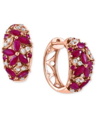 EFFY Collection - Ruby (1-5/8 ct. t.w.) & Diamond (1/4 ct. t.w.) Flower Cluster Small Huggie Hoop Earrings in 14k Rose Gold, 0.625"