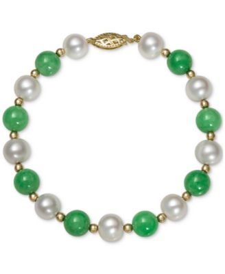 Macy's - Dyed Green Jade & Freshwater Pearl (7-1/2 - 8-1/2mm) Beaded Bracelet in 10k Gold