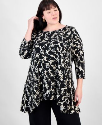 JM Collection - Plus Size Printed High-Low Swing Top