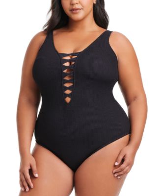 Bleu by Rod Beattie - Plus Size Pucker Up Lace-Down Over-The-Shoulder Swimsuit