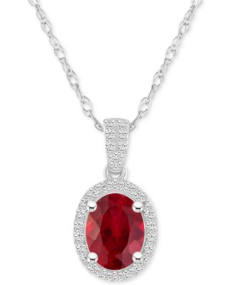 Macy's - Lab-Created Ruby (1-1/4 ct. t.w.) & Lab-Created White Sapphire (1/6 ct. t.w.) Oval Halo 18" Pendant Necklace in 10k White Gold (Also in Additional Gemstones)