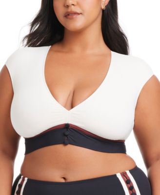 Bleu by Rod Beattie - Plus Size Button-Down Cap-Sleeve Cropped Swim Top