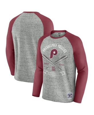 Fanatics - Men's Heather Gray Philadelphia Phillies Raw Edge Raglan Long Sleeve Baseball T-shirt
