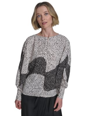 Halston - Women's Printed Boat-Neck Blouson-Sleeve Top