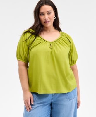 On 34th - Trendy Plus Size Braided-Trim Short-Sleeve Top