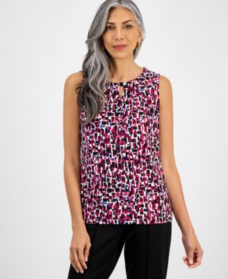 Kasper - Petite Chiclet-Print Keyhole-Neck Top