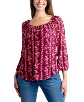 BCX - Juniors' 3/4-Sleeve Printed Mesh Peasant Top