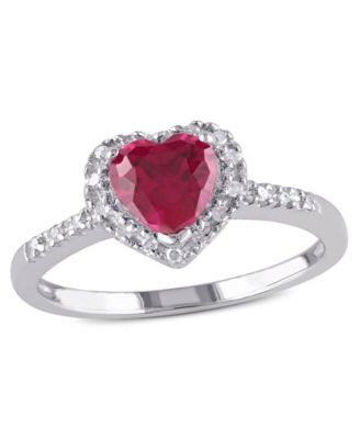 Macy's - Lab-Grown Ruby (1 ct. t.w.) and Diamond (1/10 ct. t.w.) Heart Halo Ring in Sterling Silver