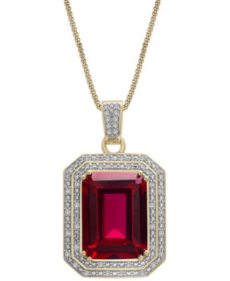 Macy's - Lab Grown Ruby (16-5/8 ct. t.w.) & Diamond (1/4 ct. t.w.) Rectangular Pendant Necklace in 14k Gold-Plated Sterling Silver, 22"