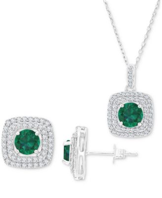 Macy's - 2-Pc. Set Lab-Grown Emerald (3 ct. t.w.) & Lab-Grown White Sapphire (7/8 ct. t.w.) Square Halo Pendant Necklace & Matching Stud Earrings in Sterling Silver