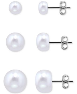 Macy's - 3-Pc. Set Cultured Freshwater Pearl (5, 7 & 9mm) Graduated Stud Earrings in Sterling Silver