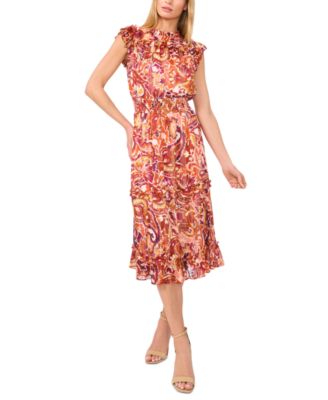 CeCe - Women's Smocked-Waist Ruffle-Trim Midi Dress