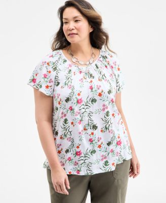 Style & Co - Plus Size Floral-Print Flutter-Sleeve Knit Top