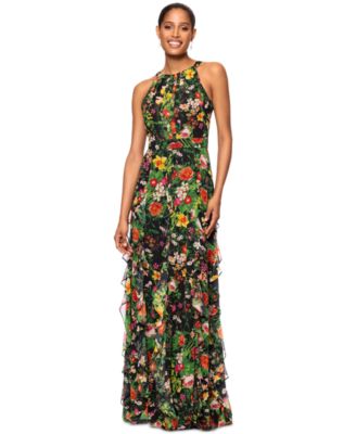 Betsy & Adam - Women's Floral-Print Ruffled Halter Gown