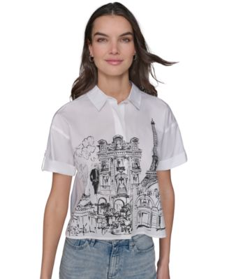 KARL LAGERFELD PARIS - Women's Cotton Crop Paris Scene Button-Front Top