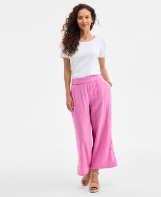 Style & Co - Women's Cotton Floral-Embroidered Crinkle-Texture Pants