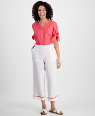 Charter Club - Petite Embroidered Cropped Linen Pants, Exclusively at Macy's