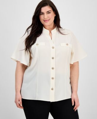 Anne Klein - Plus Size Split-Neck Flutter-Sleeve Button-Front Blouse