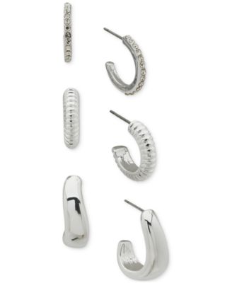 Anne Klein - Silver-Tone 3-Pc. Set Pav&eacute; & Puffy C-Hoop Earrings