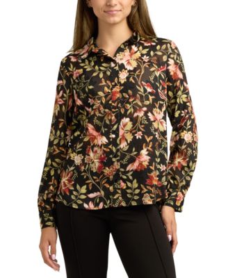 BCX - Women's Printed Burnout Button-Front Long-Sleeve Top