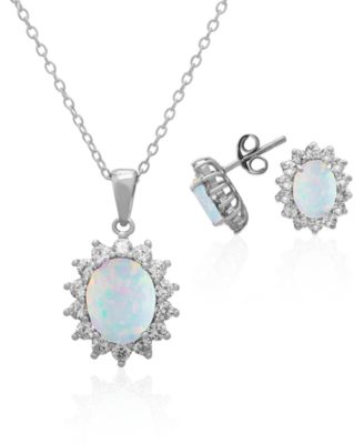 Macy's - 2-Piece Set Lab Grown White Opal (1.50 ct. t.w.) Lady Di Pendant Necklace with Matching Earrings in Sterling Silver (also in Sapphire)