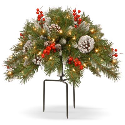 National Tree Company - 18' Frosted Berry Urn Filler with Cones, Red Berries, Tripod Stake & 35 Warm White Battery Operated LED Lights w/Timer