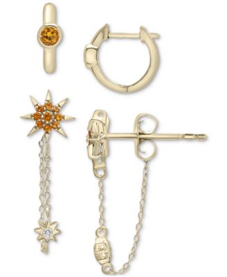 Macy's - 2-Pc. Set Citrine (3/8 ct. t.w.) & Lab-grown White Sapphire (1/20 ct. t.w.) Huggie Hoop and Chain Drop Earrings in 14k Gold-Plated Sterling Silver