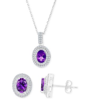 Macy's - 2-Pc. Set Amethyst (2-3/8 ct. t.w.) & Lab-Grown White Sapphire (1-1/10 ct. t.w.) Oval Halo Pendant Necklace & Matching Stud Earrings in Sterling Silver