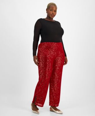 JM Collection - Plus Size Sequin Wide-Leg Split-Hem Pants