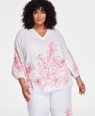 Charter Club - Plus Size Embroidered Blouson-Sleeve Linen Shirt, Exclusively at Macy's