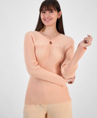 Tahari ASL - Women's Ribbed V-Neck Twist-Front Sweater