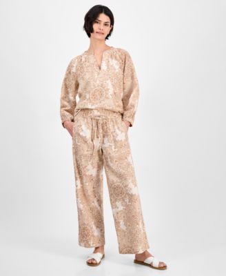 Nautica Jeans - Women's Tile-Print Linen-Blend Wide-Leg Pants