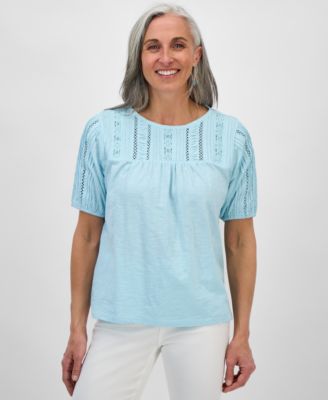Style & Co - Petite Solid Applique Cotton Short-Sleeve Blouse