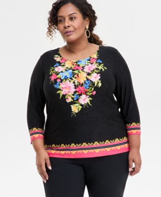 JM Collection - Plus Size Lisana Floral Jacquard 3/4-Sleeve Top