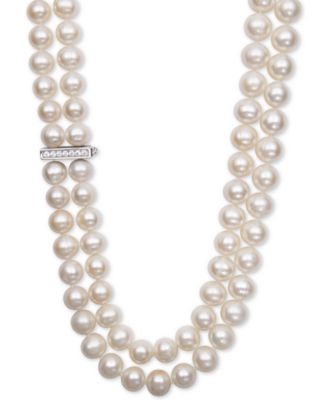 Belle de Mer - White Cultured Freshwater Pearl (8-1/2mm) and Cubic Zirconia Double Strand Necklace