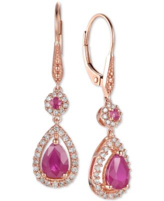 Macy's - Ruby (1-5/8 ct. t.w.) and Diamond (1/3 ct. t.w.) Teardrop Halo Drop Earrings in 14k Rose Gold