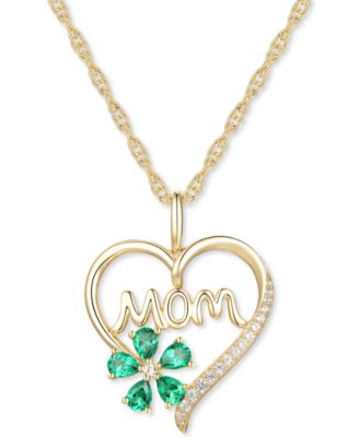 Macy's - Lab-Grown Emerald (5/8 ct. t.w.) & Lab-Grown White Sapphire (1/10 ct. t.w.) Mom 18" Pendant Necklace in 10k Gold