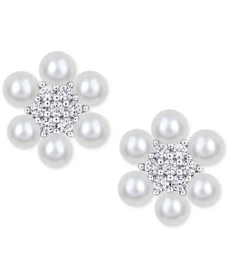 Macy's - Cultured Freshwater Pearl (3-3-1/2mm) & Lab-Created White Sapphire (1/3 ct. t.w.) Flower Cluster Stud Earrings in Sterling Silver