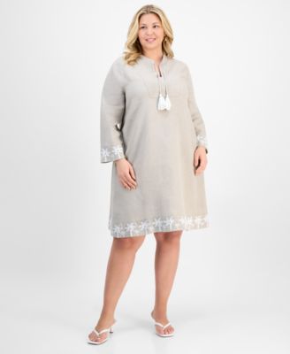 Charter Club - Plus Size Tassel-Tie Linen Long-Sleeve Dress, Exclusively at Macy's