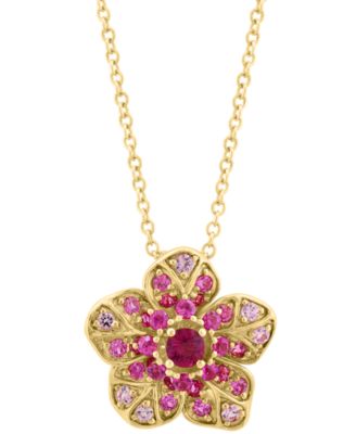 EFFY Collection - Pink Sapphire (5/8 ct. t.w.) & Ruby (1/10 ct. t.w.) Flower Pendant Necklace in 14k Rose Gold, 17" + 1" extender