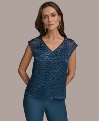 Donna Karan New York - Women's Cap-Sleeve Silk-Blend Burnout Blouse