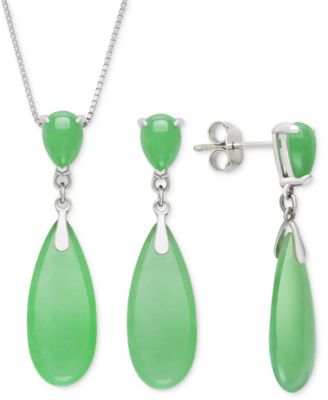 Macy's - 2-Pc. Set Dyed Green Jade Elongated Pear Pendant Necklace & Matching Drop Earrings in Sterling Silver